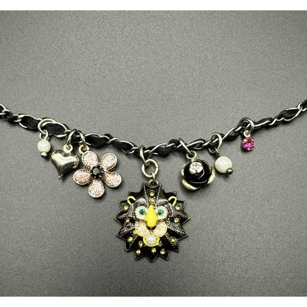 Betsey Johnson Lion Rhinestone Pearl Floral Silver‎ Tone Woven Necklace 15-18